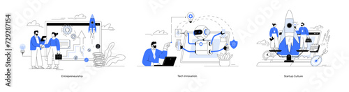 Entrepreneurship tech innovation startup culture. Business incubator. Startup accelerator. Project launch, successful idea. Linear vector. Venture investment fund. Startup company development set