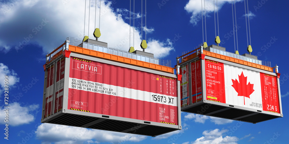 Shipping containers with flags of Latvia and Canada - 3D illustration