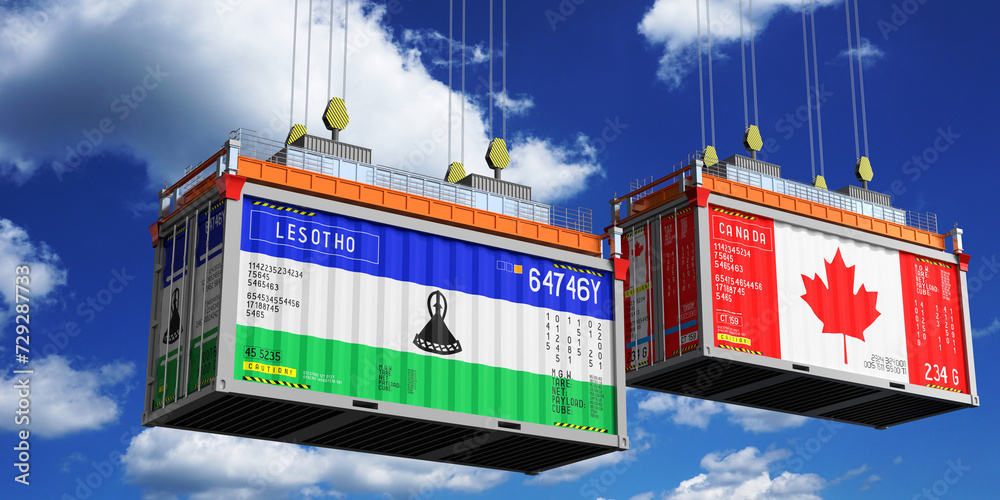 Shipping containers with flags of Lesotho and Canada - 3D illustration