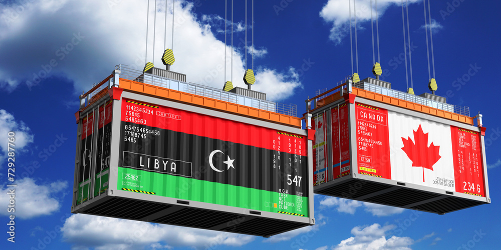 Shipping containers with flags of Libya and Canada - 3D illustration