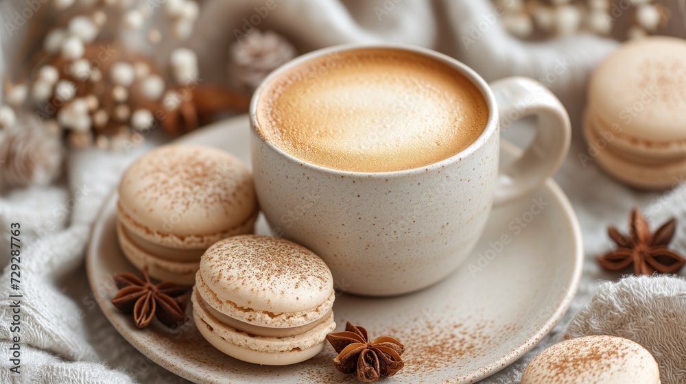 cup of hot cappuccino with macaroon cup of hot cappuccino with macaroon