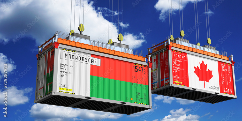 Shipping containers with flags of Madagascar and Canada - 3D illustration