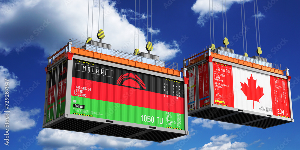 Shipping containers with flags of Malawi and Canada - 3D illustration
