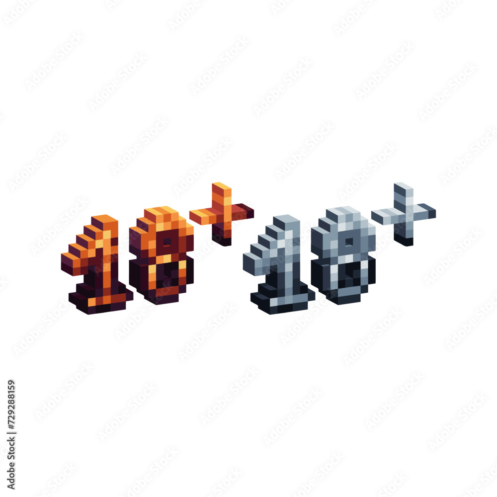 Isometric Pixel art 3d of 18 plus sign icon for items asset. Isolated Warn 18+ age icon on pixel 80s style.8-bits perfect for game asset,design asset element,app,website, Vector illustration. Isometric Pixel art 3d of 18 plus sign icon for items asset. Isolated Warn 18+ age icon on pixel 80s style.8-bits perfect for game asset,design asset element,app,website, Vector illustration.