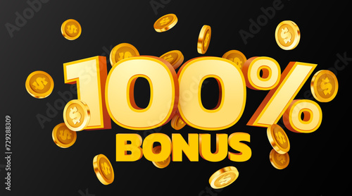 100 percents bonus. Falling golden coins. Cashback or prize concept.