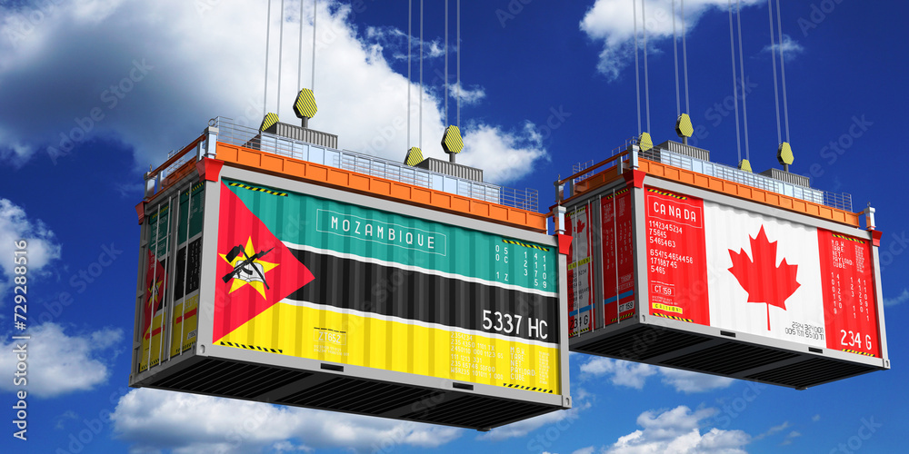 Shipping containers with flags of Mozambique and Canada - 3D illustration