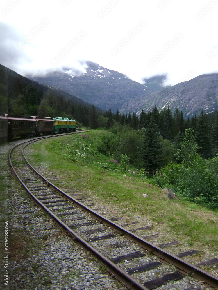 train on railroad in the mountains going around curve