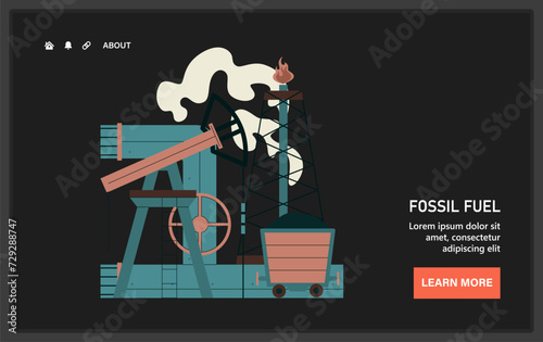 Fossil fuel web or landing. Fossil resources extraction process. Earth raw materials depletion. Oil derrick and pumpjack, coal and gas. Flat vector illustration