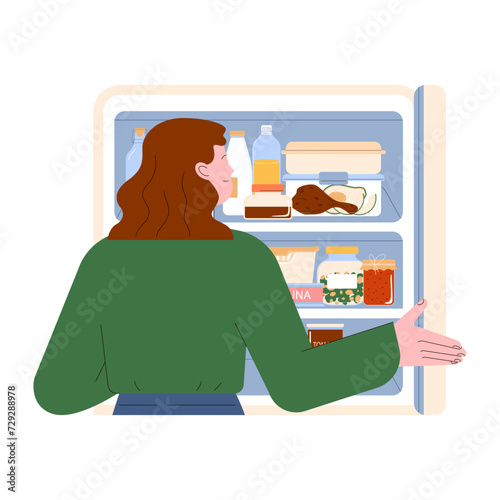 Leftovers management. Organized fridge, food storage for waste reduction. Efficient use of nextovers for sustainable living. Correct meal storage. Flat vector illustration photo