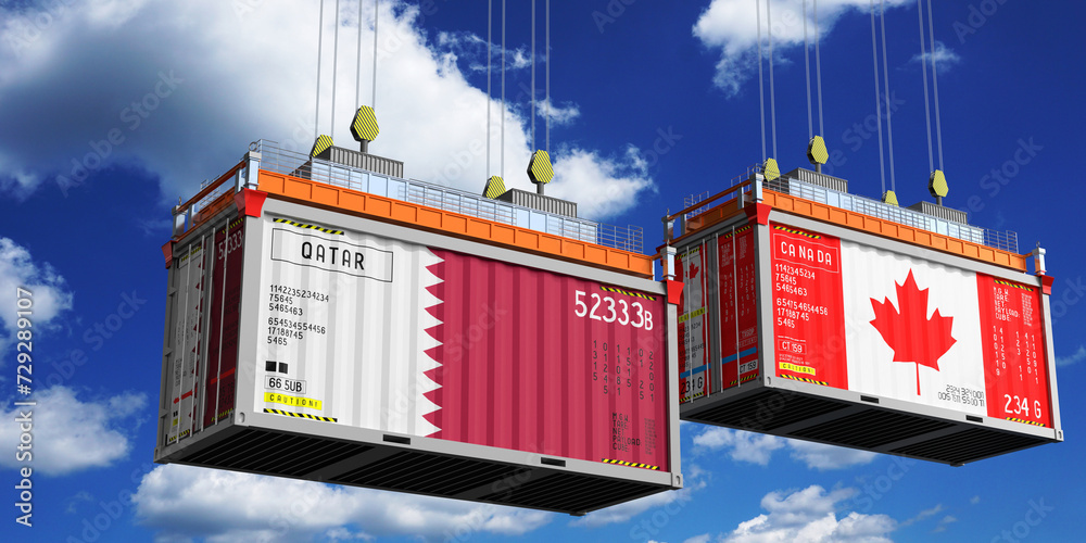 Shipping containers with flags of Qatar and Canada - 3D illustration