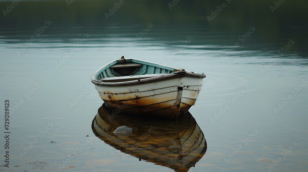 Old Rowboat Floating on a Tranquil Lake