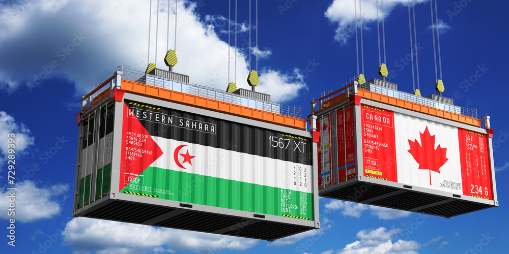Shipping containers with flags of Western Sahara and Canada - 3D illustration