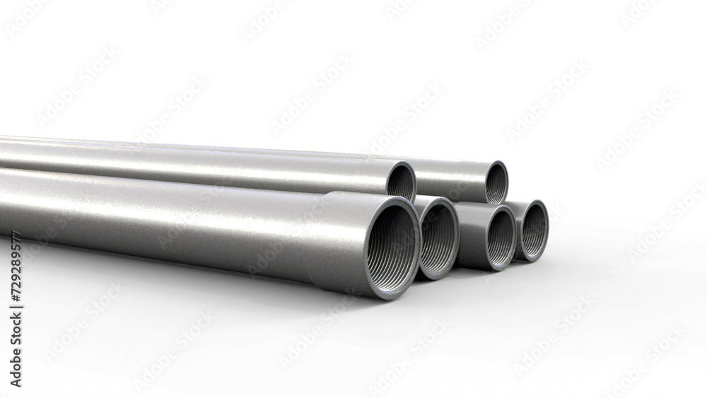 Fototapeta premium Galvanized electrical conduit, different sizes. 3D rendering isolated on white background.