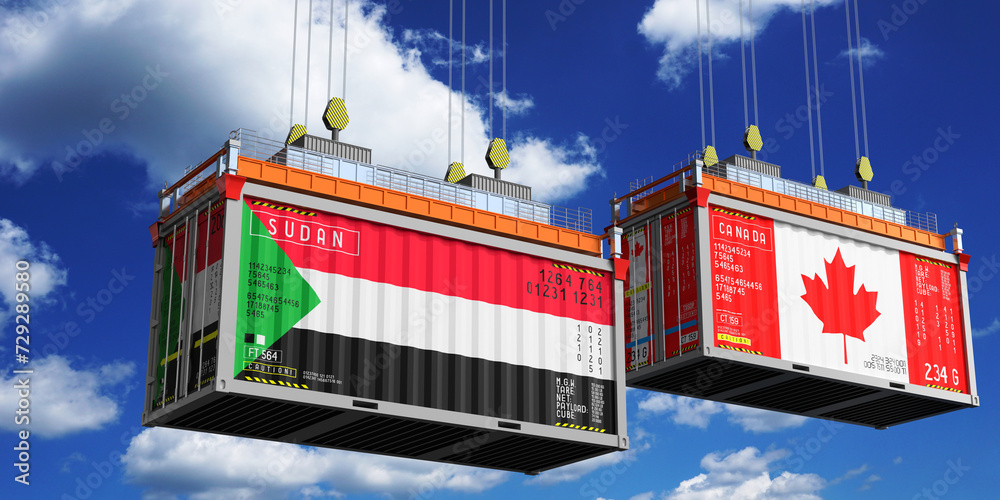 Shipping containers with flags of Sudan and Canada - 3D illustration