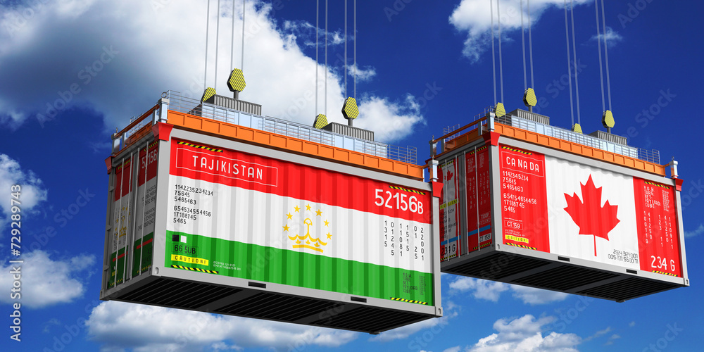 Shipping containers with flags of Tajikistan and Canada - 3D illustration Shipping containers with flags of Tajikistan and Canada - 3D illustration