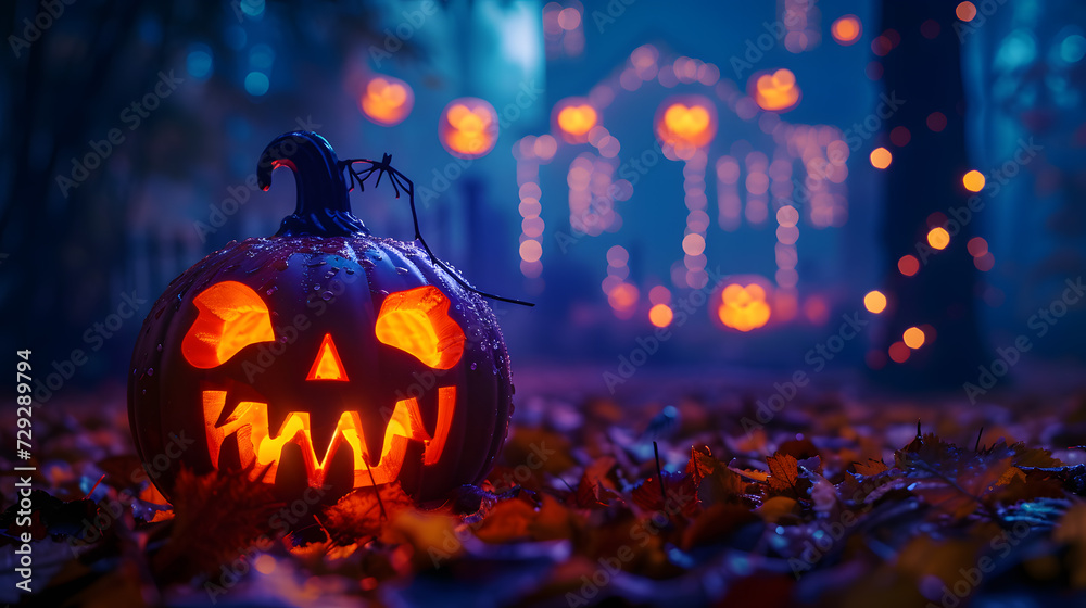 Fototapeta premium Illuminated Halloween Pumpkin with Autumn Leaves and Bokeh Lights