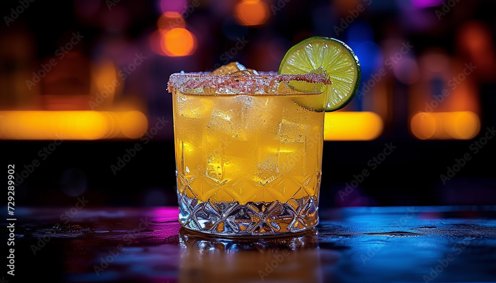Yellow cocktail drink with ice and lime in a bar. Yellow cocktail drink with ice and lime in a bar.