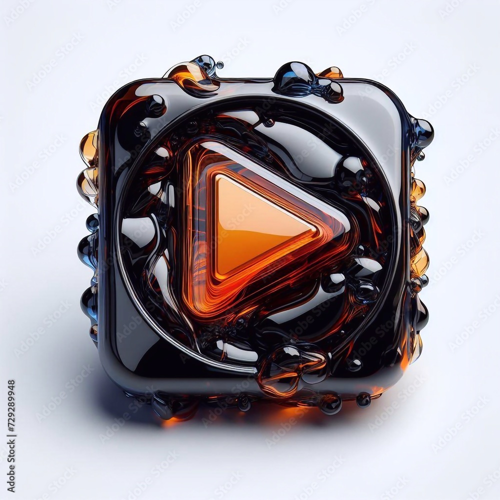 Fototapeta premium Play button made of Obsidian blend with orange glass. AI generated illustration