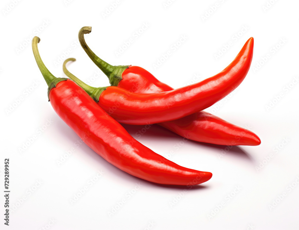 Three red chili peppers with stems on a white background, vibrant and glossy.