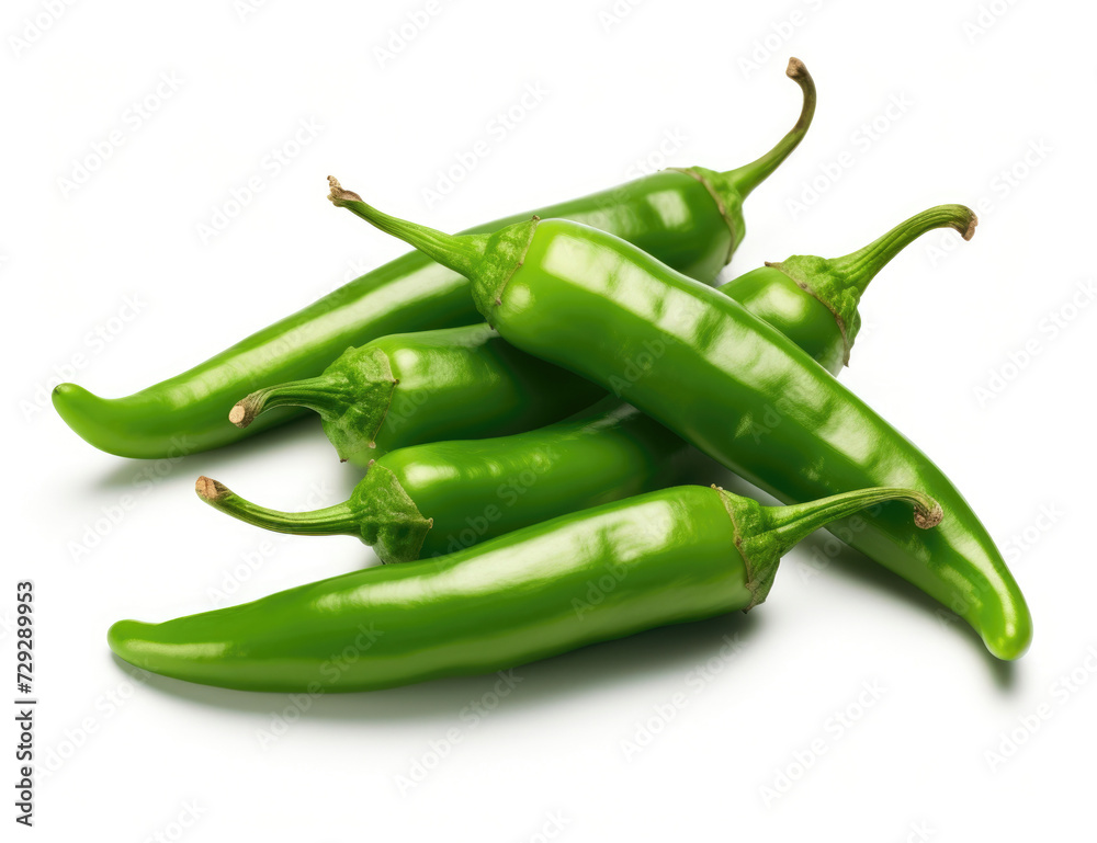 A bunch of vibrant green serrano peppers clustered together, showcasing their glossy exterior and fresh stems on a pure white background. A bunch of vibrant green serrano peppers clustered together, showcasing their glossy exterior and fresh stems on a pure white background.