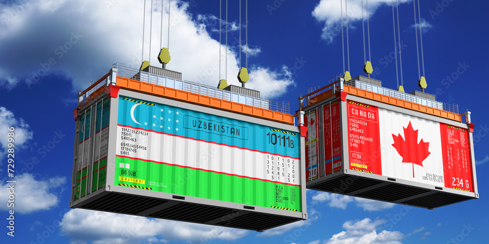 Shipping containers with flags of Uzbekistan and Canada - 3D illustration