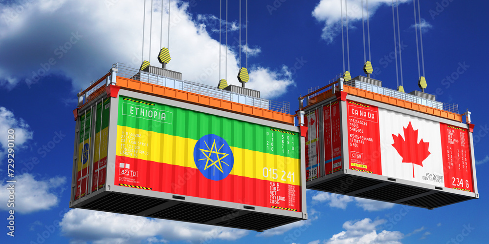 Shipping containers with flags of Ethiopia and Canada - 3D illustration