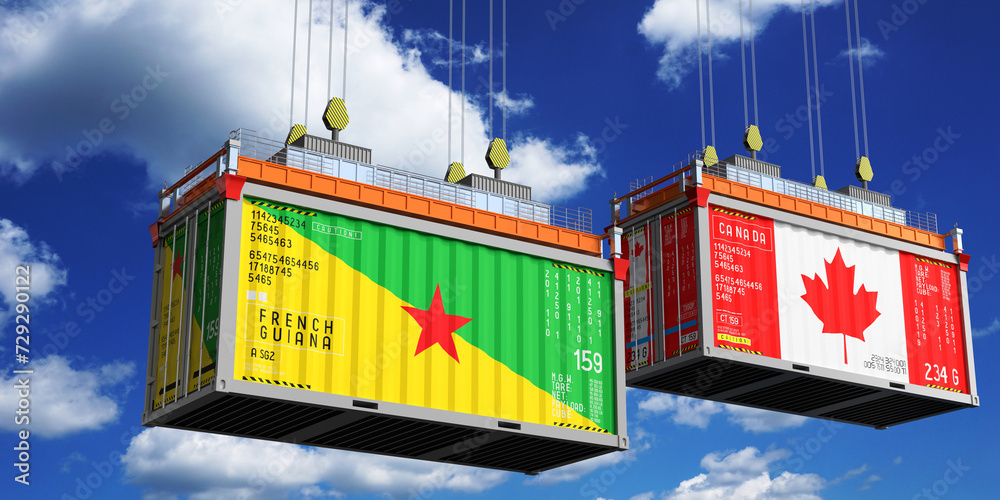 Shipping containers with flags of French Guiana and Canada - 3D illustration