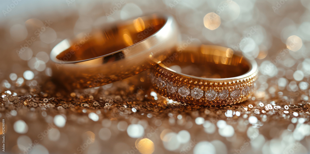 Upright gold wedding bands symbolic of love and romance on a textured glitter background. Decorative gifting beautifully for a valentines, anniversary, celebration. Generative AI Upright gold wedding bands symbolic of love and romance on a textured glitter background. Decorative gifting beautifully for a valentines, anniversary, celebration. Generative AI