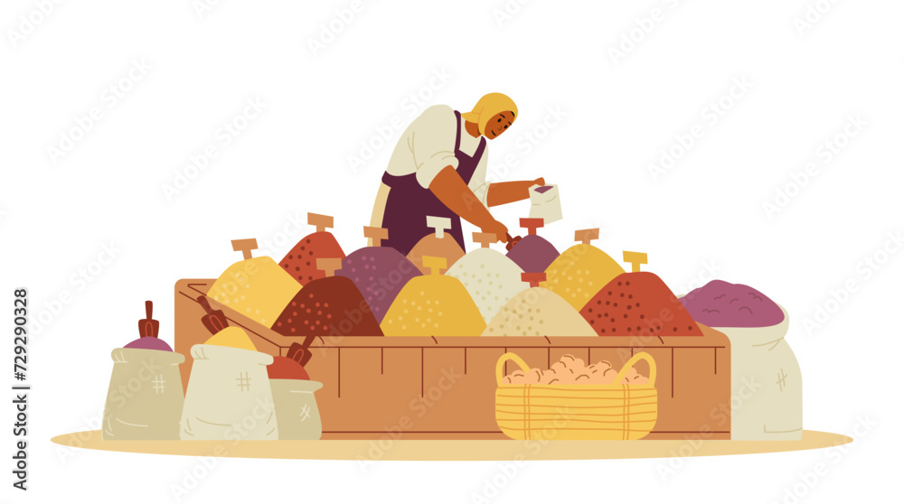 Φωτογραφία Middle Eastern spices and herbs street shop with woman seller putting spices in a bag flat vector illustration isolated on white