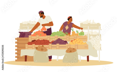 Middle Eastern family father and son selling fruits and vegetables in a marketplace flat vector illustration isolated on white. Green grocery street shop with sellers.