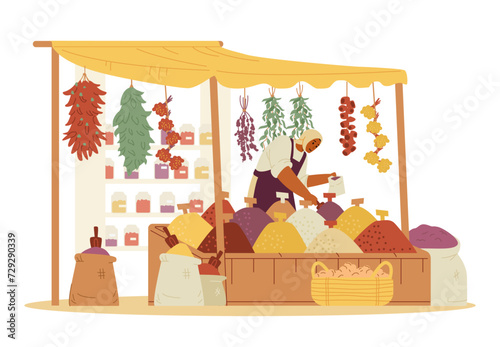 Middle Eastern spices and herbs street shop with woman seller putting spices in a bag flat vector illustration isolated on white.