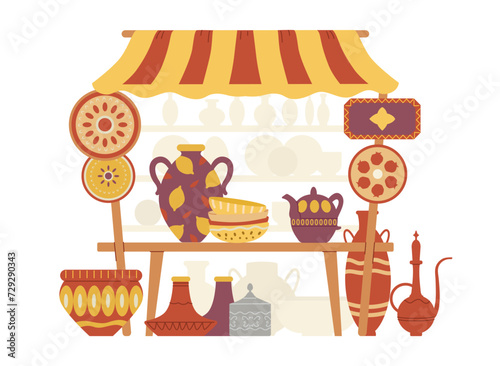 Middle eastern pottery street stall with awning flat vector illustration isolated on white. Authentic ceramics shop. 