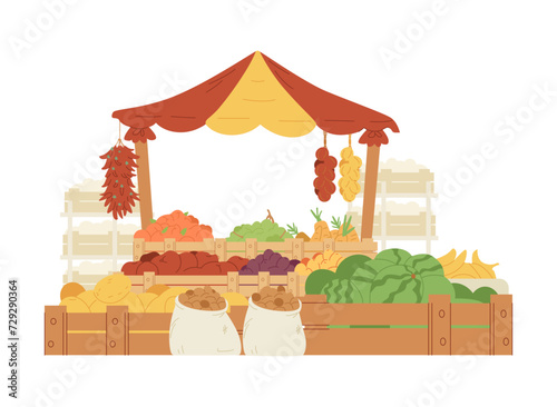 Fruits and vegetables street stall flat vector illustration isolated on white. Green grocery street shop.