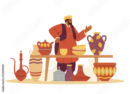 Middle Eastern pottery street shop with seller flat vector illustration isolated on white.