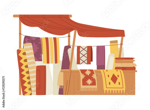 Middle Eastern carpets street shop flat vector illustration isolated on white.