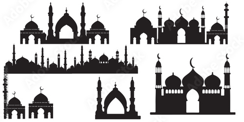 Set of Eid Mubarak night mosque silhouette for Ramadan design