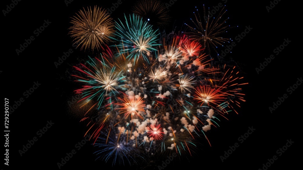 Colorful festive fireworks on a black sky background.