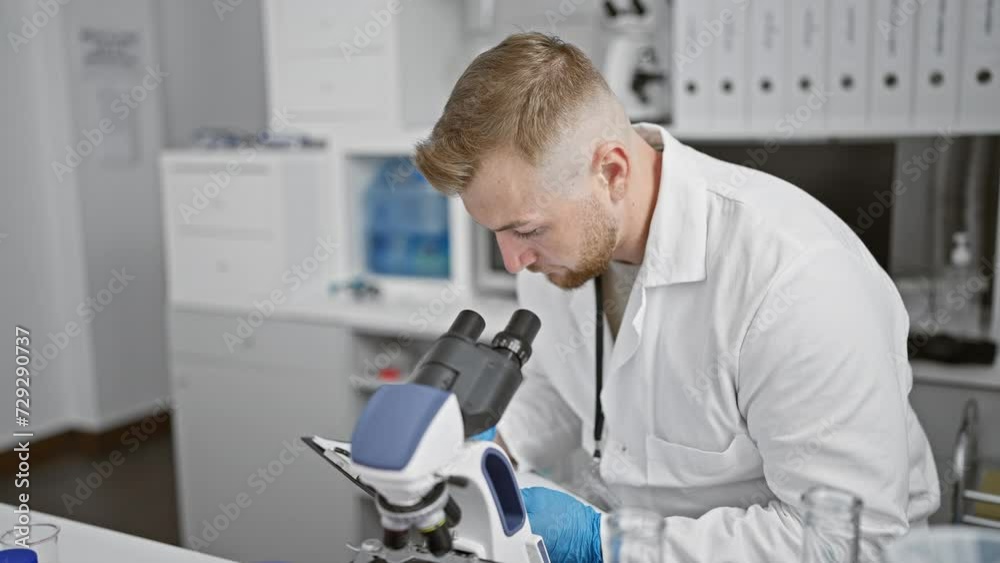 A focused young man analyzing samples with a microscope in a modern laboratory setting. A focused young man analyzing samples with a microscope in a modern laboratory setting.