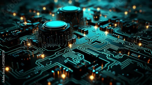 3D rendering of electronic circuit board with glitter, machine learning and modern computer technology concept. business, technology, internet and networking concept. Circuit board background photo
