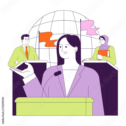 Soft power. Speaker at podium on global summit. International communication and cooperation. Diplomacy and negotiation process. Resolution of crisis situation. Flat vector illustration