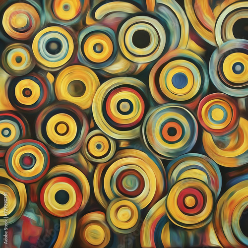 Decorative abstract mosaic of imperfect concentric circles of various sizes and colors, like a neat array of a collection of slightly warped vintage disks