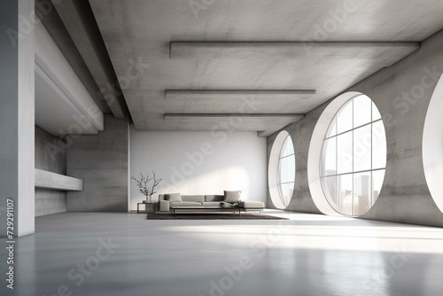 Clean modern interior design with white abstract architecture and concrete backdrop. 3D art and visualization. Generative AI