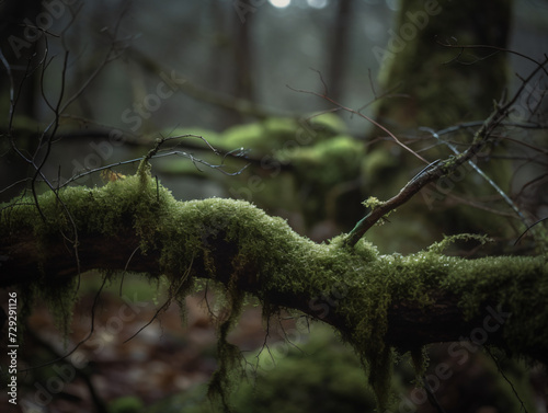 Moody picture of a moss covered tree branch in the woods