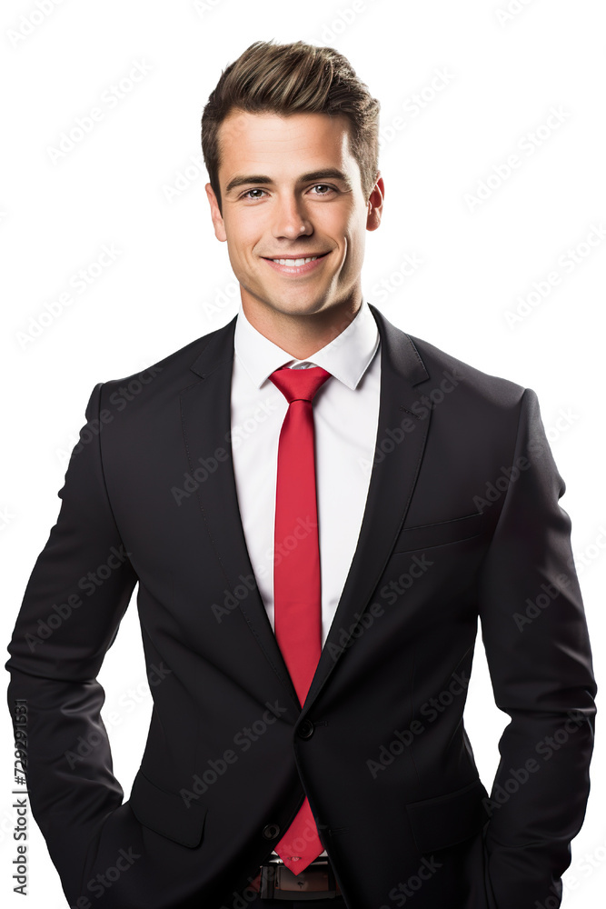 professional headshot in a white background of male wearing black suit, red tie, nice smile PNG