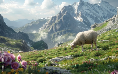 A sheep is peacefully grazing in a field, with stunning mountains serving as a breathtaking background.
