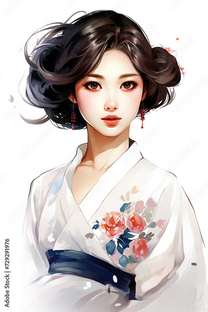 Φωτογραφία beautiful Girl Korean traditional hanbok dress headdress graphic illustration st