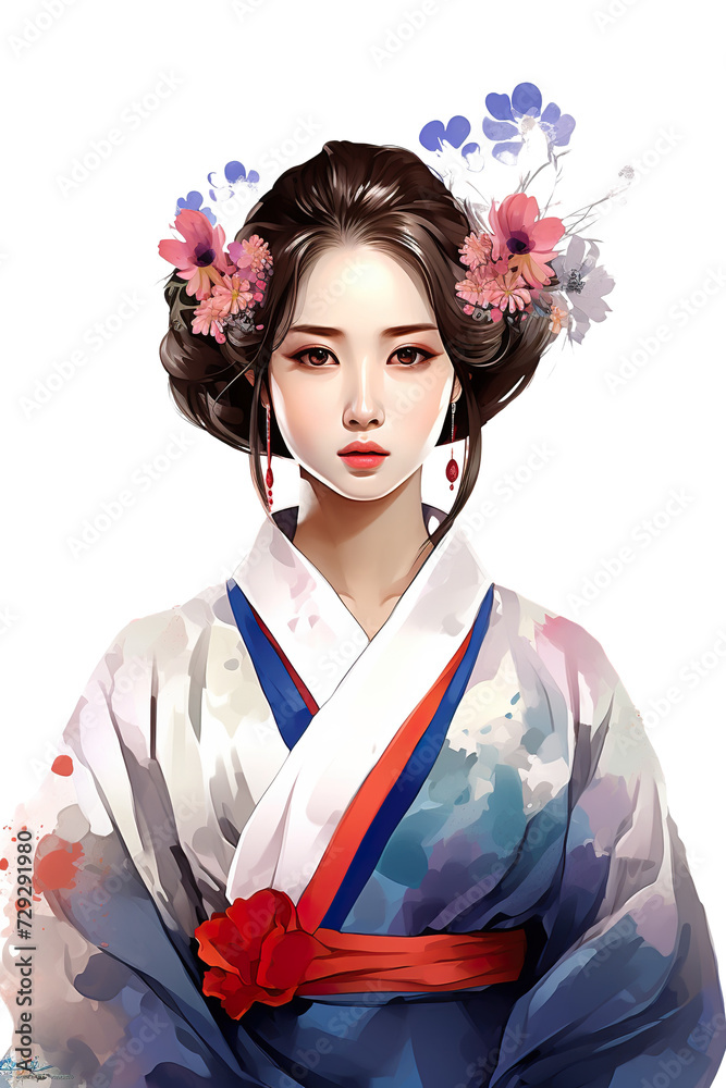 Φωτογραφία beautiful Girl Korean traditional hanbok dress headdress graphic illustration st