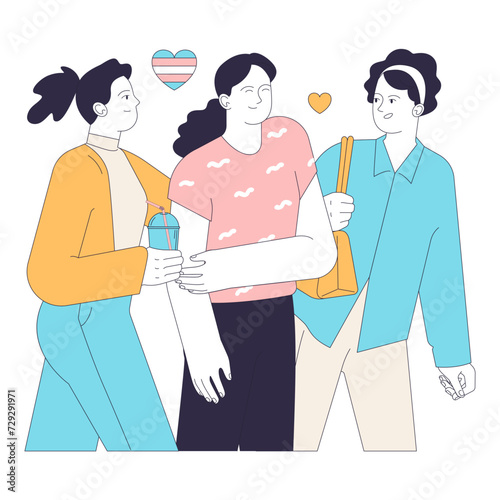 Gender transition positive experience. Trans woman passing. Joyful trans woman enjoying a day out with female friends. Acceptance and support. Flat vector illustration.