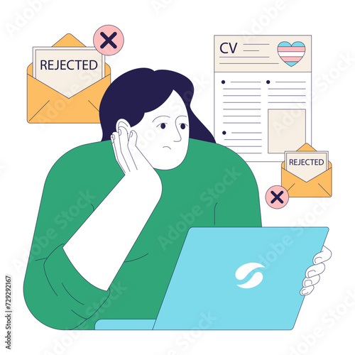 Transgender woman searching for a job. Transphobia in employment. Upset candidate encounters job application rejections. Flat vector illustration.