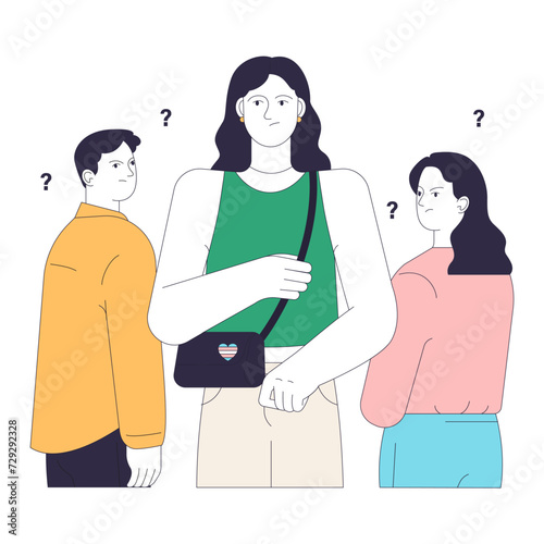 Gender transition negative side. Upset person facing a harsh neglect from surrounding people. Trans woman facing transphobia and isolation. Flat vector illustration.
